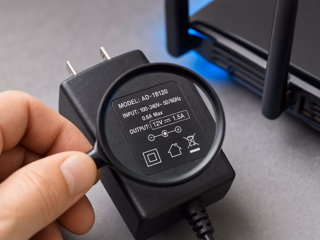 router_power_adapter_label_voltage_current_check